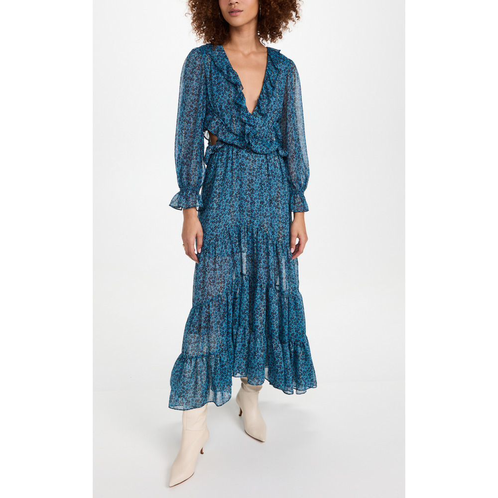 Misa 'Amelia' Blue Chiffon Floral Print Long Sleeve Dress Size XS